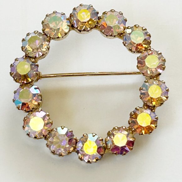 Vintage Aurora Borealis Crystal Circle Brooch Pin Gold-Tone - Picture 2 of 5